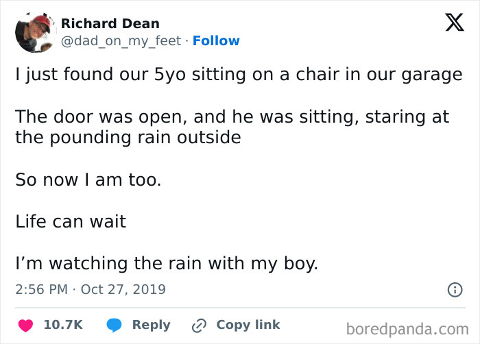 Screenshot of a tweet about enjoying a moment of positivity, watching rain with a child.