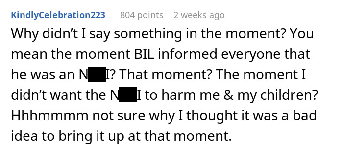 Online comment discussing a BIL revealing an offensive tattoo, questioning why it wasn't addressed immediately. Online comment discussing a BIL revealing an offensive tattoo, questioning why it wasn't addressed immediately.