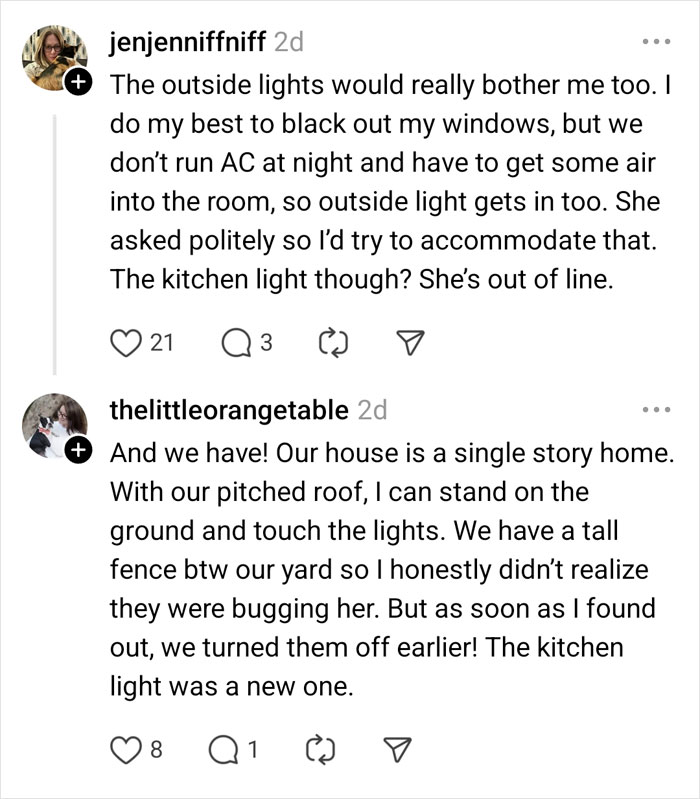 Comments discussing neighbor's complaints about lights and a couple's efforts to address them. Comments discussing neighbor's complaints about lights and a couple's efforts to address them.