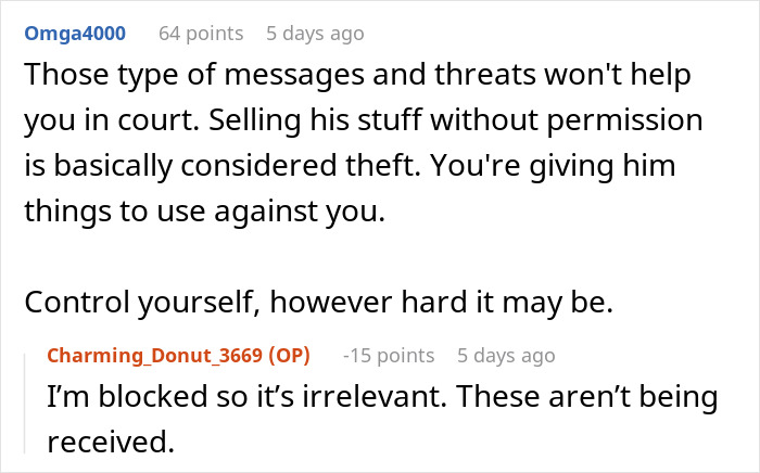 Reddit comment about justifying theft, highlighting legal implications and advice on controlling emotions. Reddit comment about justifying theft, highlighting legal implications and advice on controlling emotions.