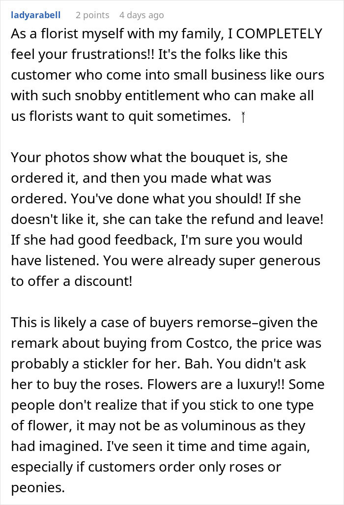 Comment detailing entitlement impacting small business reviews, highlighting florists' frustrations with demanding customers. Comment detailing entitlement impacting small business reviews, highlighting florists' frustrations with demanding customers.