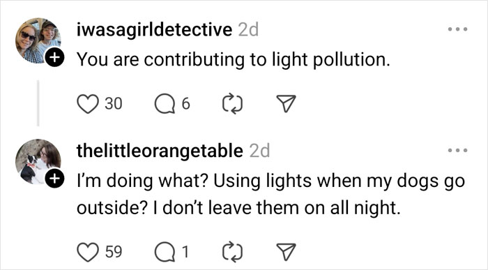 Social media exchange over neighbor's complaints about light pollution. Social media exchange over neighbor's complaints about light pollution.