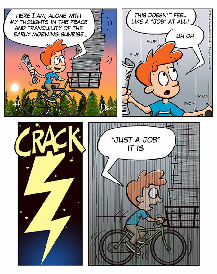 Cartoon character on a bicycle delivering newspapers at sunrise, experiencing a sudden storm. "Planey Joey" theme. Cartoon character on a bicycle delivering newspapers at sunrise, experiencing a sudden storm. "Planey Joey" theme.