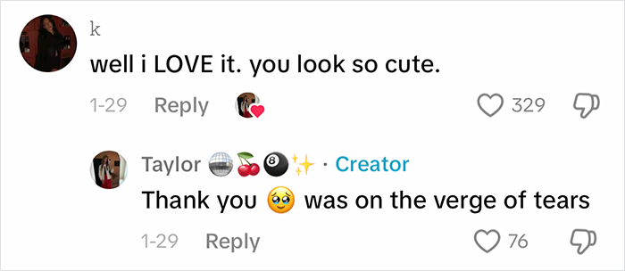 Positive comments on outfit after coworker said it's inappropriate; user appreciates support and shares emotional response. Positive comments on outfit after coworker said it's inappropriate; user appreciates support and shares emotional response.