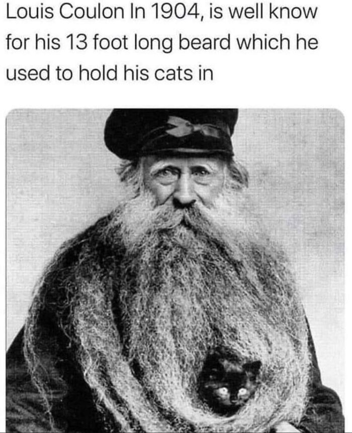 Man with a 13-foot long beard holding a cat, showcasing uplifting creativity and positivity from 1904.