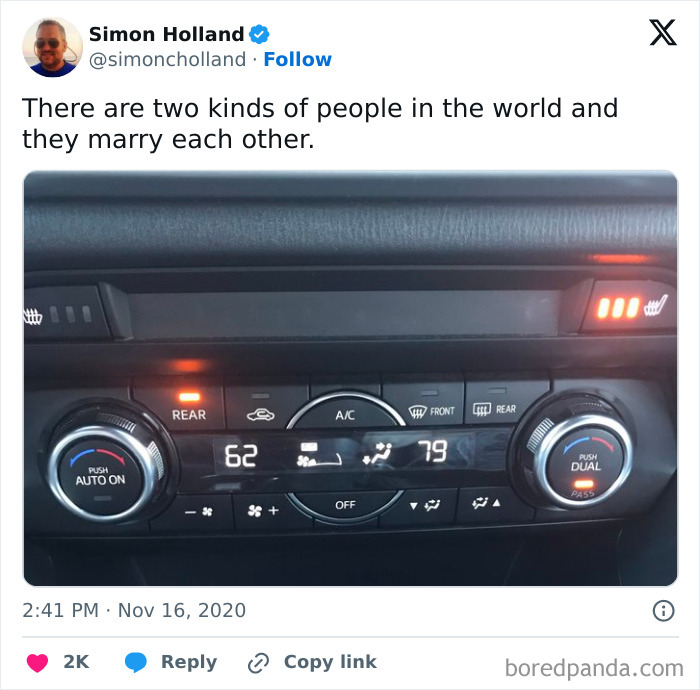 Car climate control displaying different temperatures, humorously suggesting different preferences typical of men's humor.
