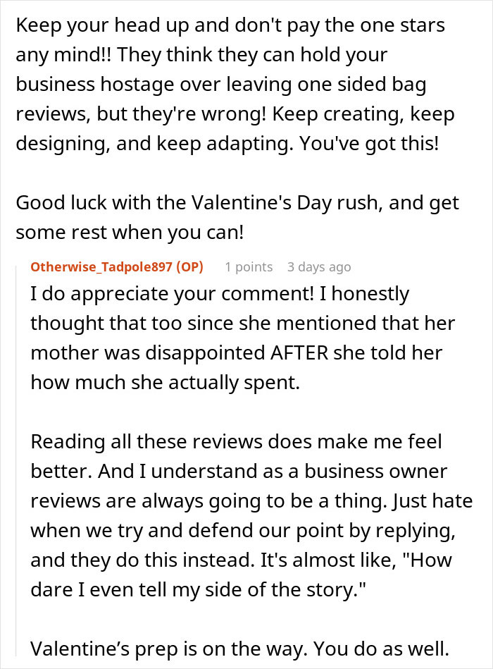 Comments discussing a business dealing with negative reviews following a denied free order request. Comments discussing a business dealing with negative reviews following a denied free order request.
