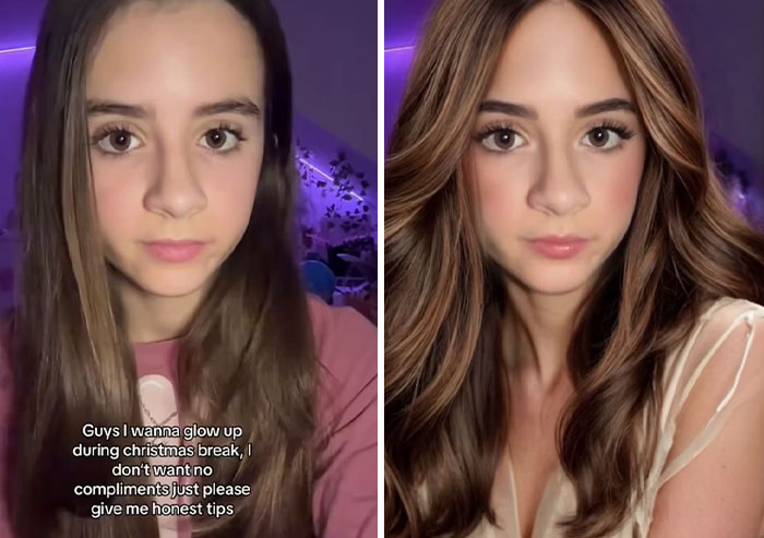 Digital makeover transformation showing before and after of a girl's appearance.