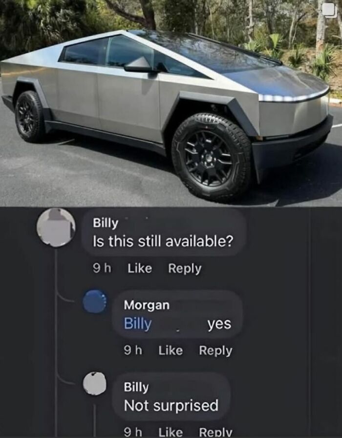 Futuristic silver truck with a simple online chat about availability, showcasing funny memes for low energy moments.