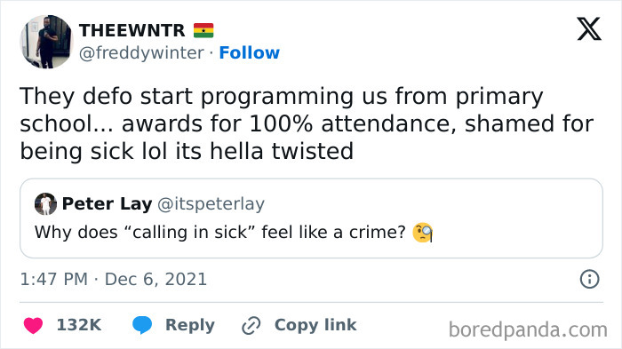 Funny meme about today's workforce questioning guilt associated with calling in sick and societal programming.