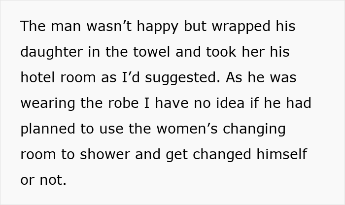 Text about a father wrapping his daughter in a towel, considering using the women's changing room. Text about a father wrapping his daughter in a towel, considering using the women's changing room.