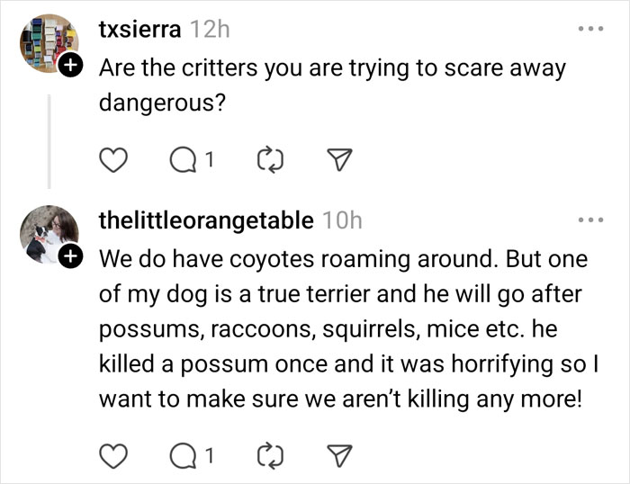 Neighbors discuss critters, mentioning coyotes and a terrier's reactions, relating to complaints about light distractions. Neighbors discuss critters, mentioning coyotes and a terrier's reactions, relating to complaints about light distractions.