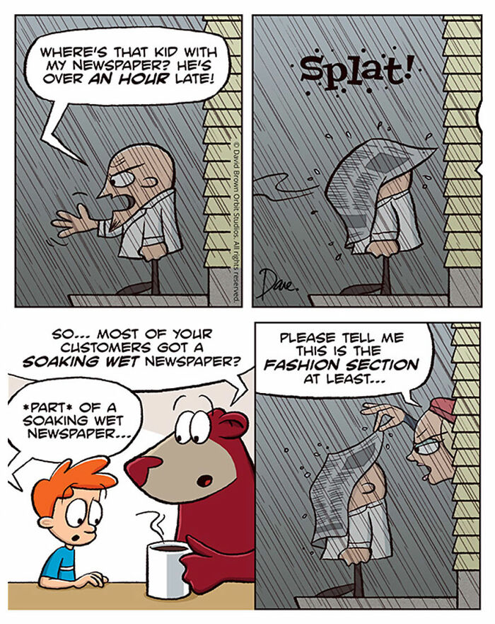 Comic strip with Planey Joey delivering a wet newspaper in the rain, leading to humorous dialogue with a bear and a customer. Comic strip with Planey Joey delivering a wet newspaper in the rain, leading to humorous dialogue with a bear and a customer.