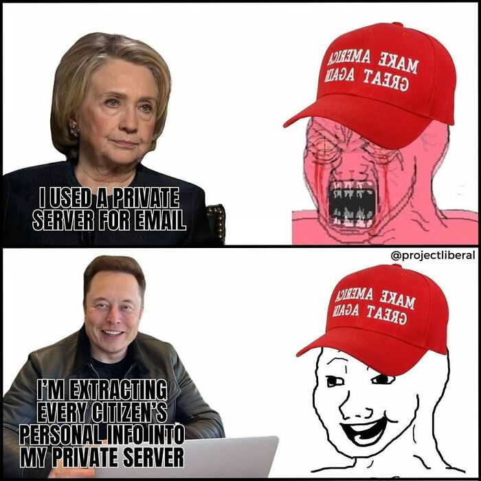 Meme comparing private server use with humorous political characters for funny memes and low energy moments.