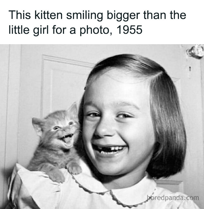Smiling girl holding a kitten, both appear joyful, vintage 1955 photo capturing positivity.