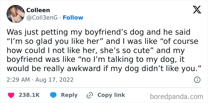 Tweet about a humorous misunderstanding with a boyfriend's dog, spreading positivity through lighthearted humor.