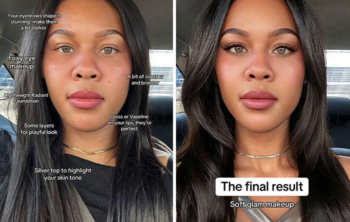 Digital makeover showing before-and-after effect with foxy eye makeup and soft glam transformation.