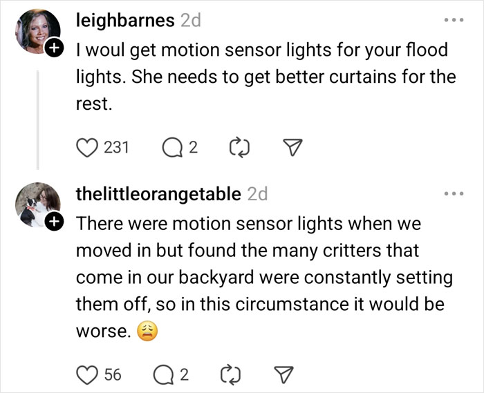 Comments discussing solutions and challenges with neighbor's light complaints. Comments discussing solutions and challenges with neighbor's light complaints.