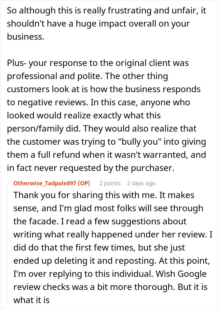 Business reviews discussed, highlighting response to entitled woman's complaints about not getting a $300 order for free. Business reviews discussed, highlighting response to entitled woman's complaints about not getting a $300 order for free.