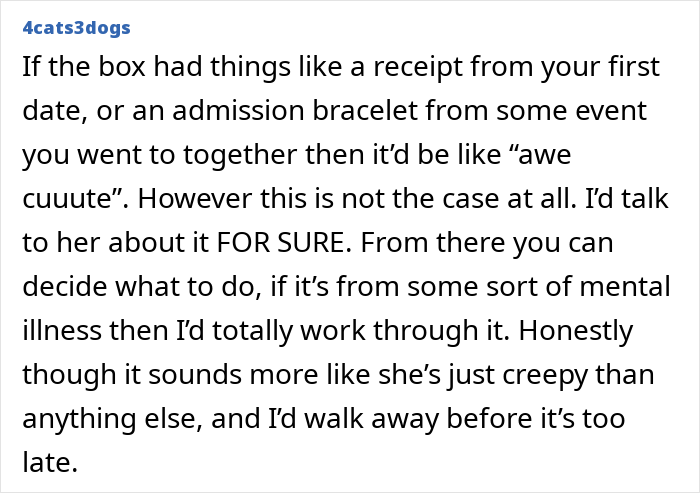 Text post discussing a guy's relationship turn after finding a creepy box in girlfriend's wardrobe. Text post discussing a guy's relationship turn after finding a creepy box in girlfriend's wardrobe.