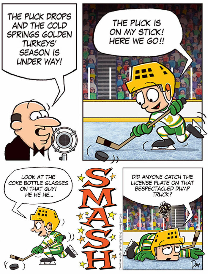 Cartoon of Planey Joey playing hockey, holding a stick, and crashing into the boards with comedy text sounds. Cartoon of Planey Joey playing hockey, holding a stick, and crashing into the boards with comedy text sounds.