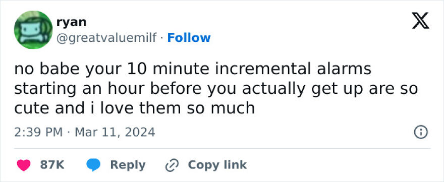 Funny puncrastination meme about incremental alarms and affection.