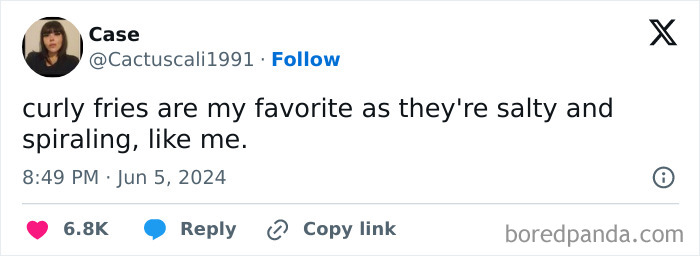 Tweet expressing a love for curly fries, humorously comparing their salty, spiraling nature to the speaker's personality.