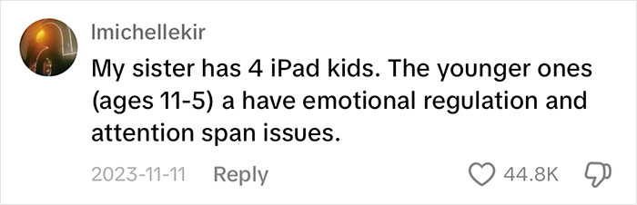 Comment discussing emotional issues of "iPad kids," with high engagement shown by likes and replies. Comment discussing emotional issues of "iPad kids," with high engagement shown by likes and replies.