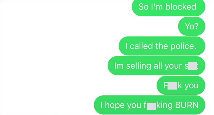 Text exchange showing anger over stolen rent money and involving police threat. Text exchange showing anger over stolen rent money and involving police threat.