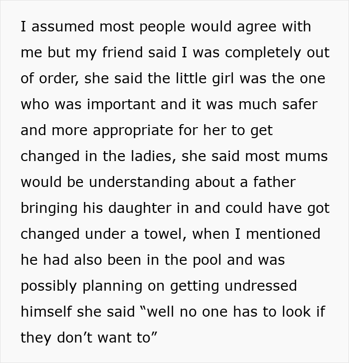 Text of a debate about a dad bringing his daughter into women's changing room. Text of a debate about a dad bringing his daughter into women's changing room.