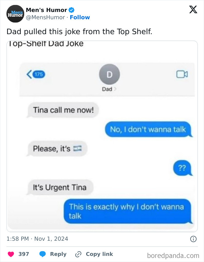 Dad joke text exchange illustrating funny men's humor with a pun on "Argentinian."