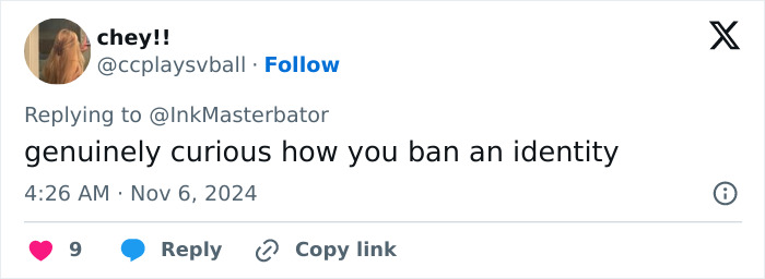 Tweet questioning identity bans related to transgender inclusion in women's sports. Tweet questioning identity bans related to transgender inclusion in women's sports.