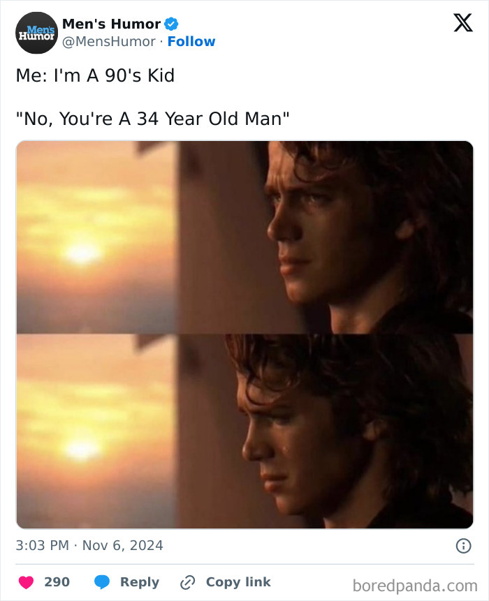 Man looking serious with sunset background, humorous text overlay about age. Men's humor meme.