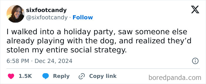 Tweet about a holiday party and humorous social strategy, referencing uplifting memes for positivity.