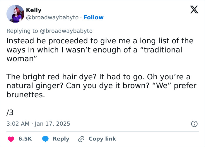 Tweet about a man listing demands for girlfriend's looks, highlighting desire for her to change hair color from red to brown. Tweet about a man listing demands for girlfriend's looks, highlighting desire for her to change hair color from red to brown.