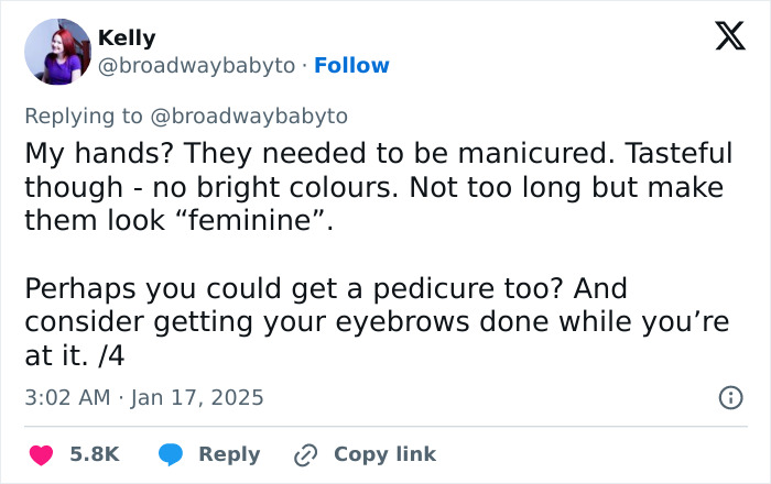 Tweet discussing a man's demands for his girlfriend's manicured hands and pedicure. Tweet discussing a man's demands for his girlfriend's manicured hands and pedicure.