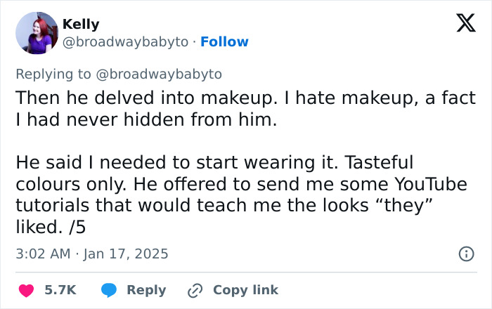 Tweet discussing demands for girlfriend's makeup change, emphasizing tasteful colors and YouTube tutorials. Tweet discussing demands for girlfriend's makeup change, emphasizing tasteful colors and YouTube tutorials.
