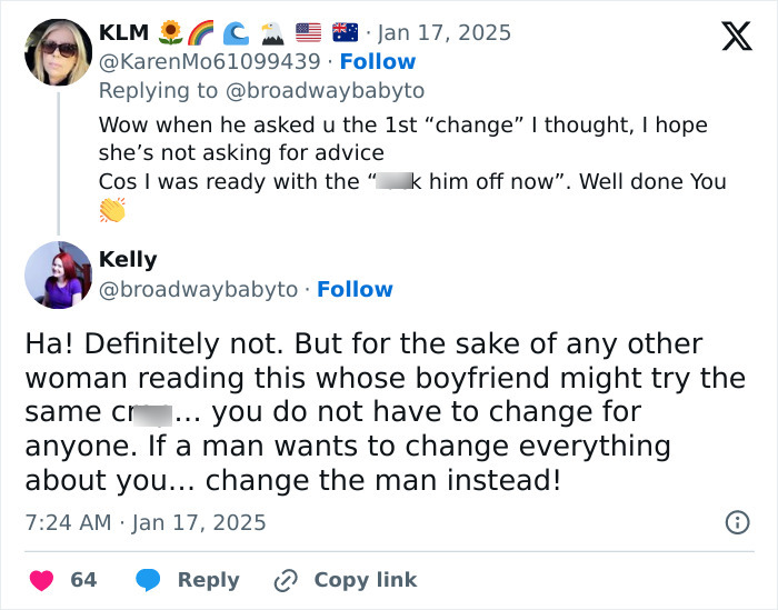 Twitter thread discussing a man demanding changes in his girlfriend's looks, prompting a reality check response. Twitter thread discussing a man demanding changes in his girlfriend's looks, prompting a reality check response.