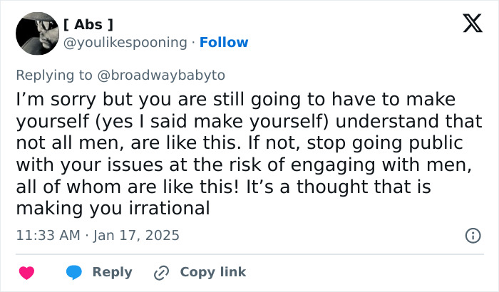 Tweet response about understanding issues with men. Tweet response about understanding issues with men.