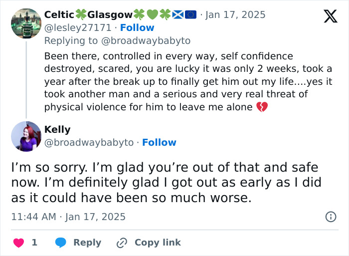 Tweet exchange discussing a man's controlling demands about appearance and the reality check it received. Tweet exchange discussing a man's controlling demands about appearance and the reality check it received.