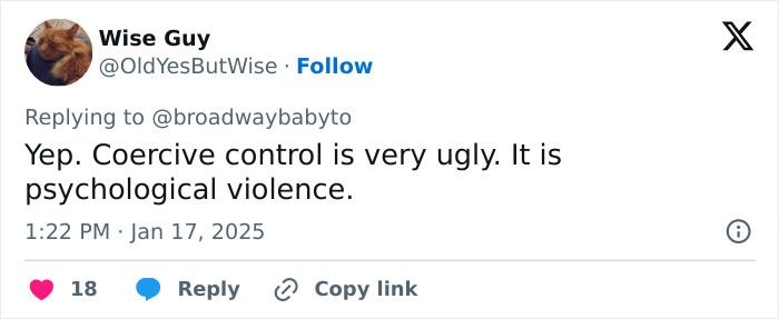 Tweet criticizing coercive control and psychological violence, reflecting on demands for changes in looks. Tweet criticizing coercive control and psychological violence, reflecting on demands for changes in looks.