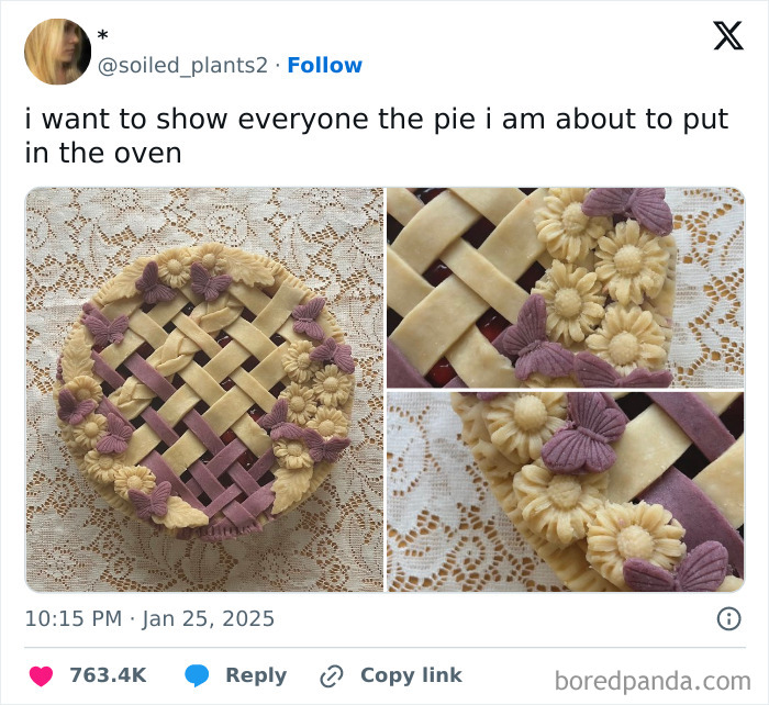 Decorative pie with lattice crust and floral details, ready for baking, showcasing positivity through artful baking.