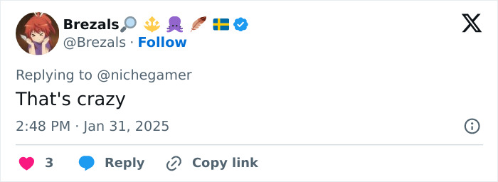 Tweet reaction to period tracker debate in mobile game: "That's crazy" by @Brezals. Tweet reaction to period tracker debate in mobile game: "That's crazy" by @Brezals.