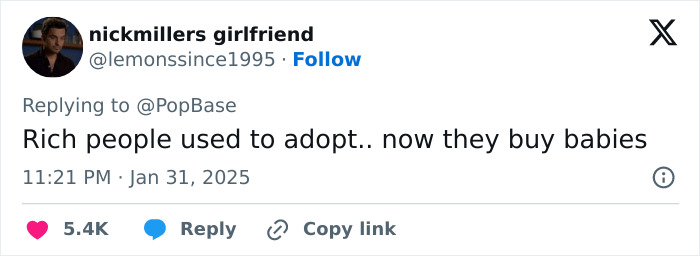 Tweet criticizing surrogacy, commenting on adoption practices. Tweet criticizing surrogacy, commenting on adoption practices.