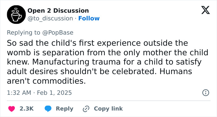 Tweet criticizing surrogacy, highlighting concerns about separation from birth mother and commodification. Tweet criticizing surrogacy, highlighting concerns about separation from birth mother and commodification.