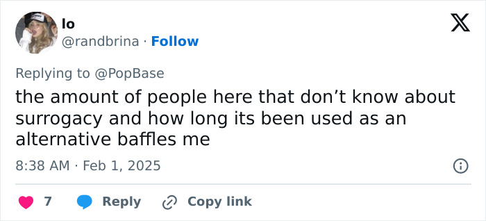 Tweet discussing surrogacy as a long-used alternative, expressing surprise over public ignorance. Tweet discussing surrogacy as a long-used alternative, expressing surprise over public ignorance.