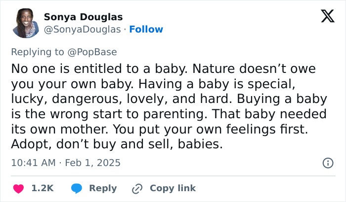 Tweet criticizing surrogacy and buying babies, sparking controversy around parenting ethics. Tweet criticizing surrogacy and buying babies, sparking controversy around parenting ethics.