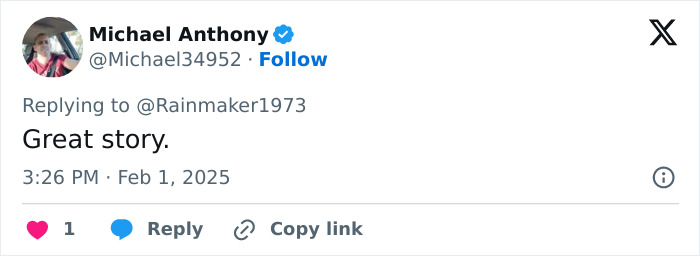 Tweet reply by Michael Anthony calling it a "Great story" about a 10-year-old deaf girl. Tweet reply by Michael Anthony calling it a "Great story" about a 10-year-old deaf girl.