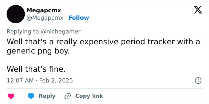 Tweet mocking a period tracker in a mobile game, mentioning a "generic png boy. Tweet mocking a period tracker in a mobile game, mentioning a "generic png boy.
