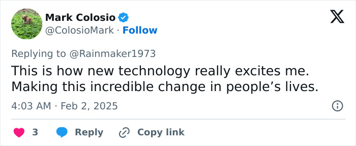 Tweet by Mark Colosio about how new technology excites him and changes lives. Tweet by Mark Colosio about how new technology excites him and changes lives.